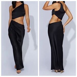 Meshki Clementine Maxi Dress Women’s Size Large Black Satin One Shoulder Cutout
